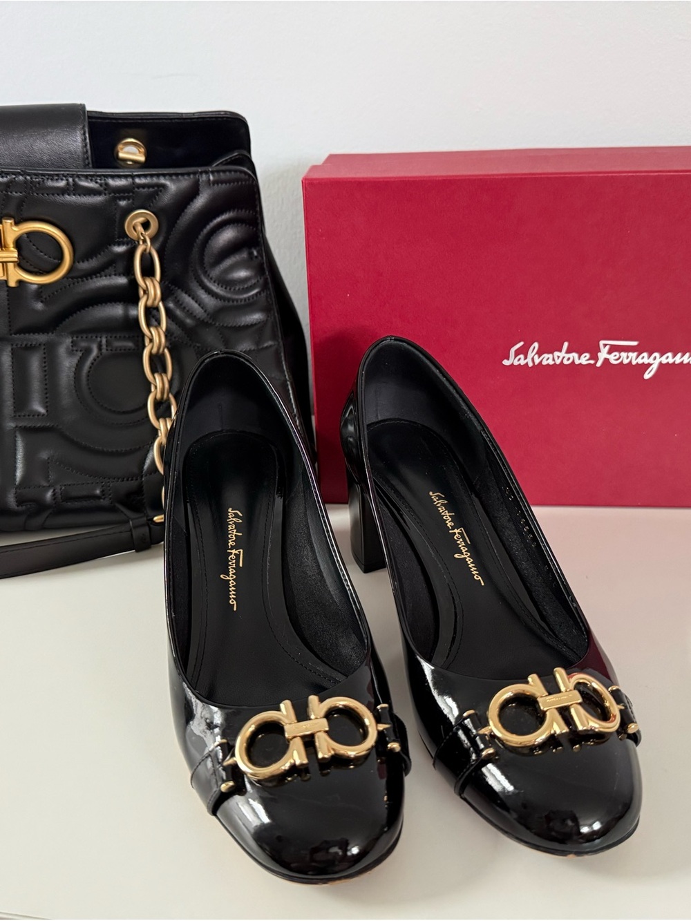 Salvatore Ferragamo Garda Gancini Patent Leather Pumps, Size 6.5 C